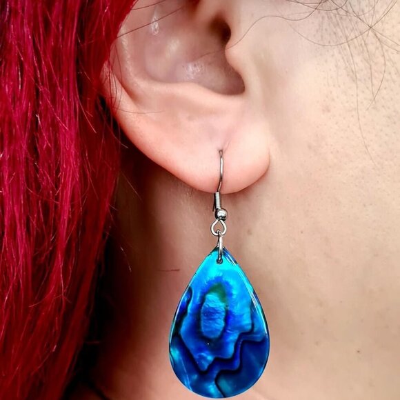 Blue Paua Abalone Shell Dangle Earrings for Women and Men - Picture 2 of 6